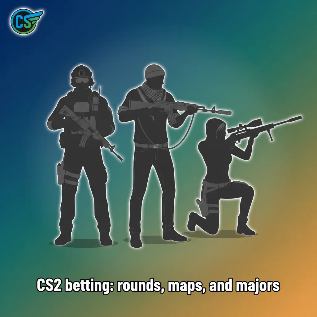 Counter-Strike 2 betting graphic: match/map winners, round totals, pistol/OT, live odds; Majors, ESL, BLAST, IEM.