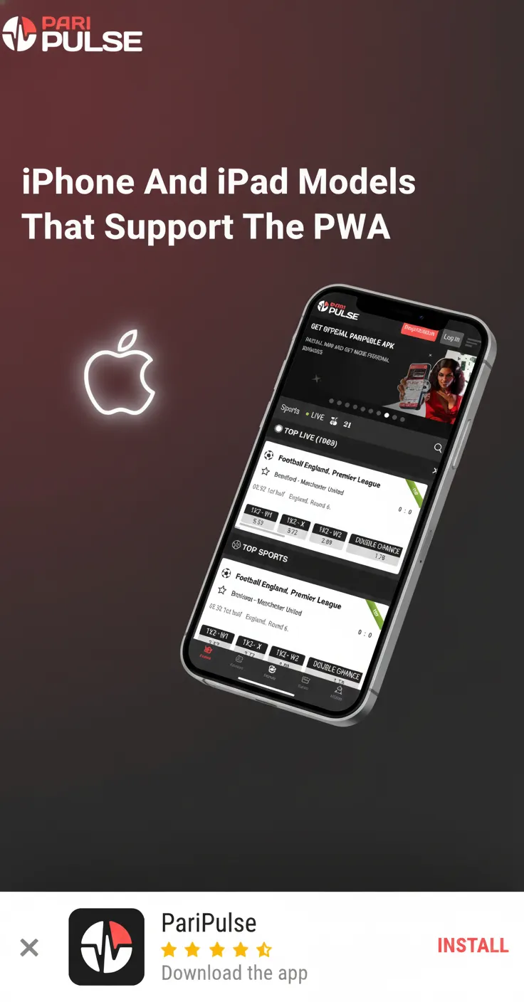 Supported Apple devices for PWA: iPhone 8–15 (all variants), iPhone SE 2020/2022, iPad 7th gen+. Requires iOS 13+.