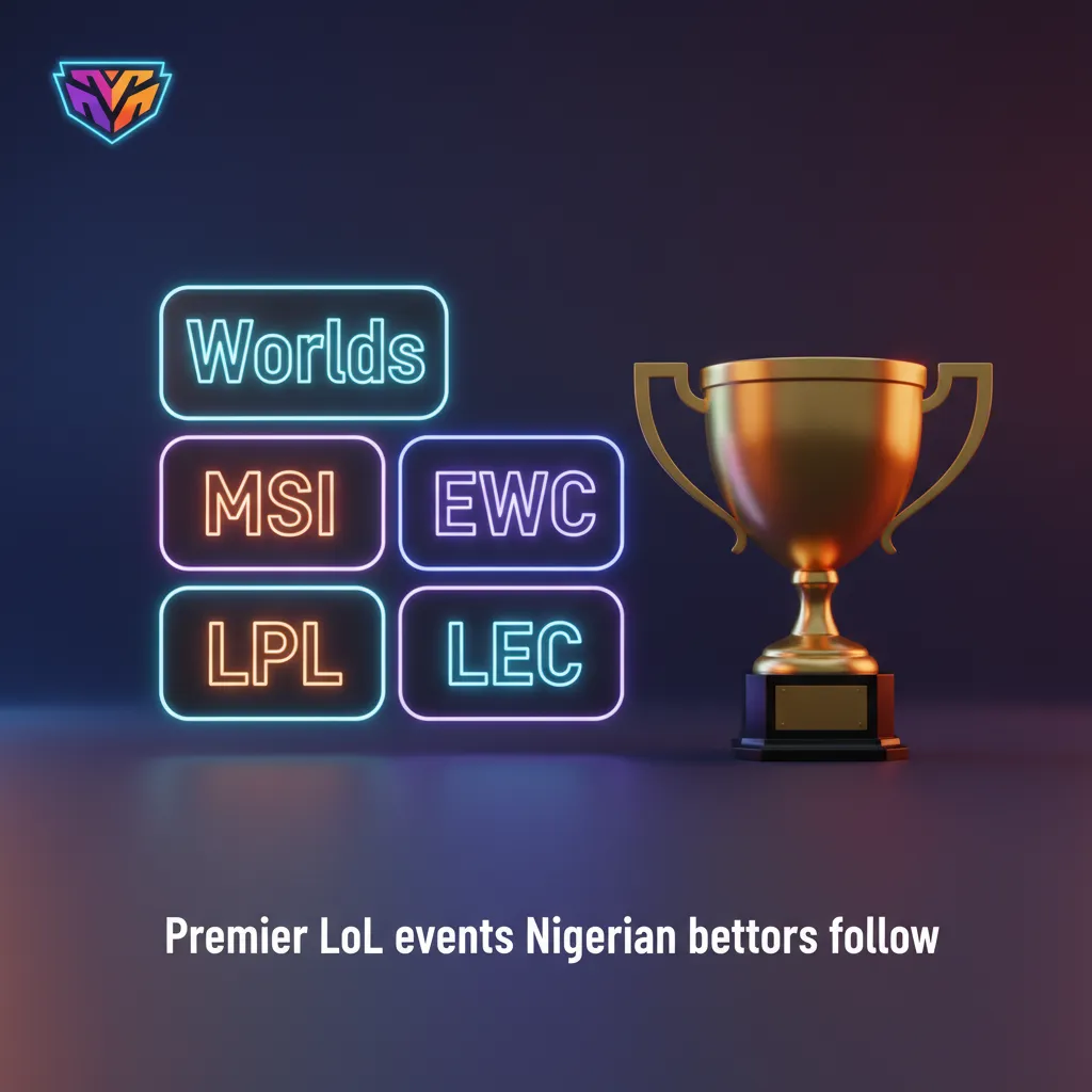 Logos of premier League of Legends events followed by Nigerian bettors: Worlds, MSI, EWC, LCK, LPL, LEC