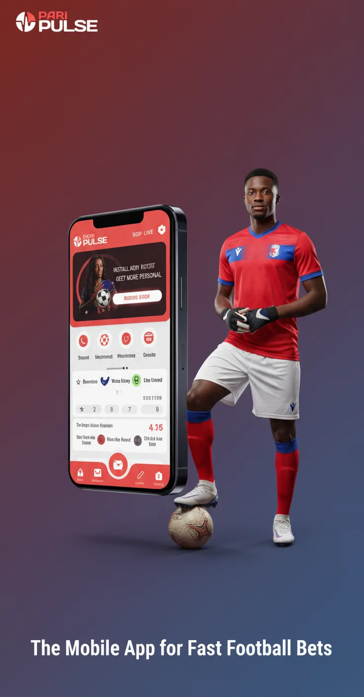PariPulse football betting app on a smartphone showing live odds, bet slip, and goal/red card alerts.