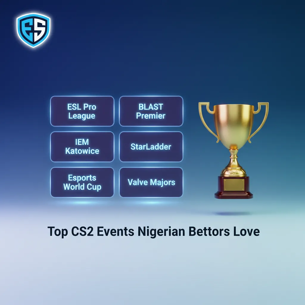 Infographic of top CS2 events Nigerian bettors follow: Majors, ESL Pro League, BLAST, IEM Katowice/Cologne, Esports World Cup