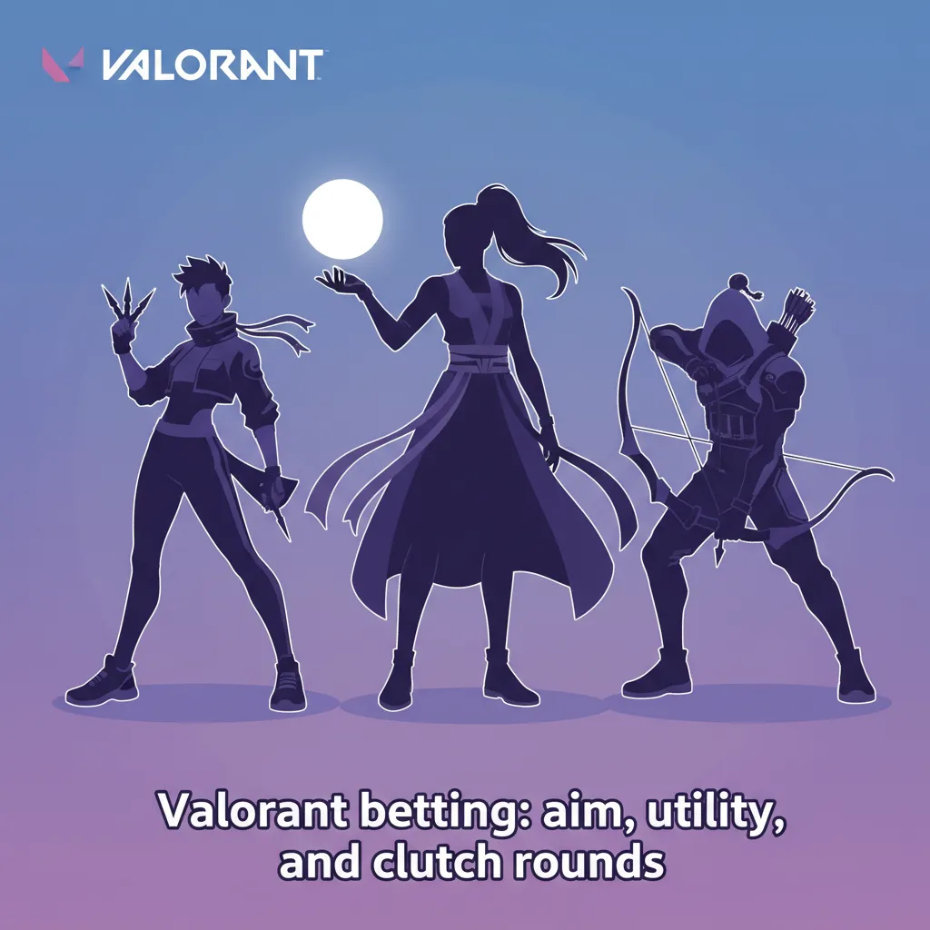 Valorant betting graphic with agents, crosshair, and markets like match winner, map totals, handicap, and pistol round odds