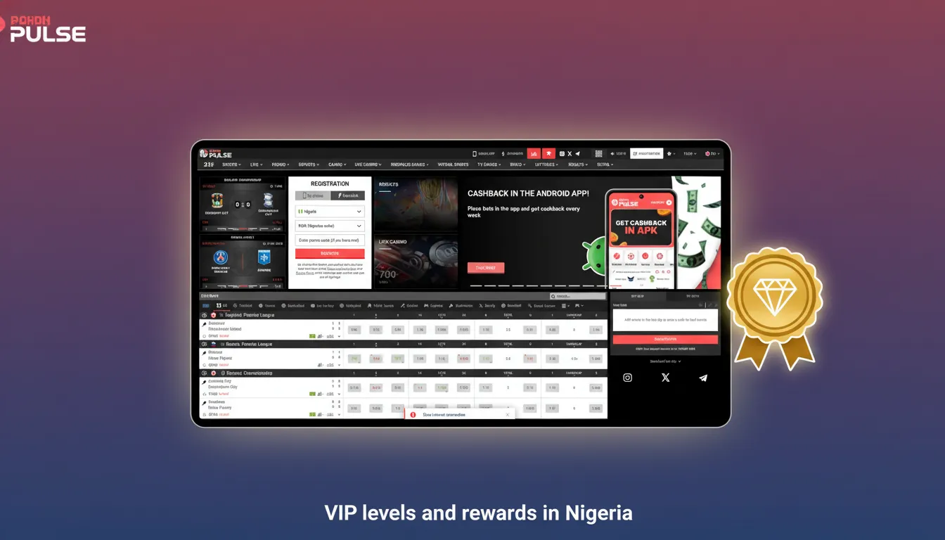 Nigeria VIP levels from Rookie to Elite with cashback, better point rates, priority support, higher limits, exclusive promos.